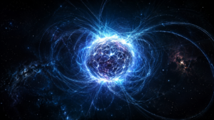 Vue d’artiste d’une étoile à neutrons entourée de lignes de champ magnétique lumineuses dans l’espace profond