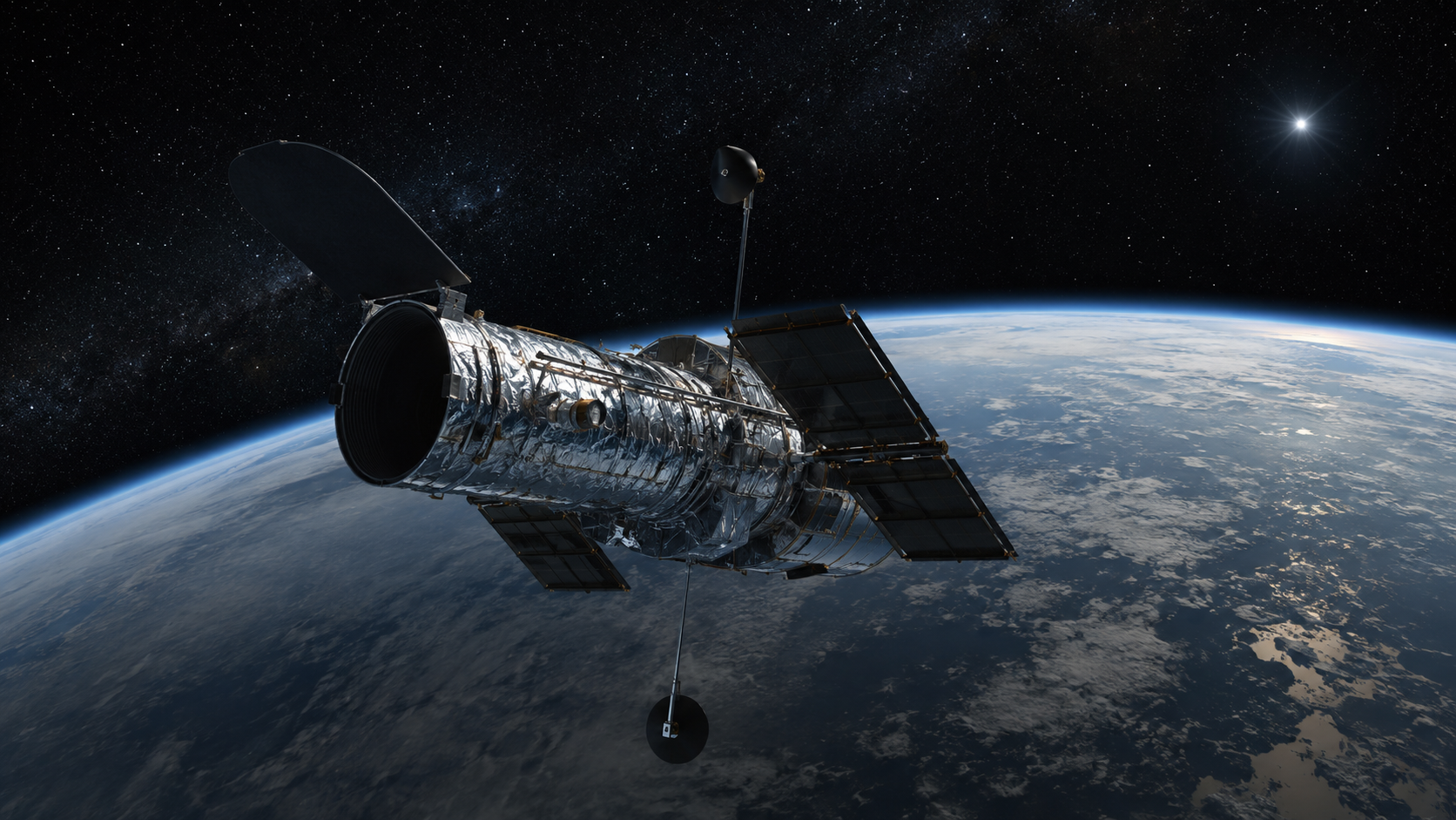 Vue d’artiste d’un télescope spatial en orbite basse au-dessus de la Terre, tourné vers un point lumineux isolé dans le noir.