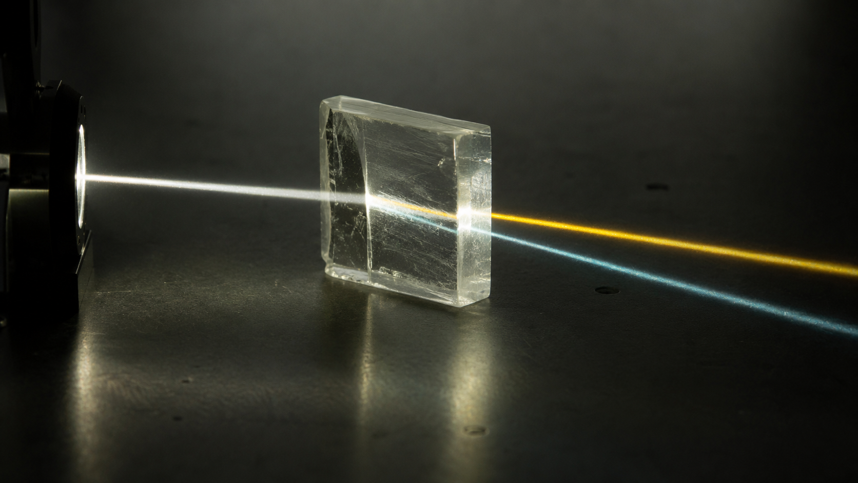 Faisceau de lumière traversant un cristal transparent et se séparant en deux rayons