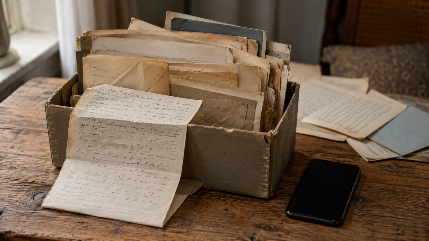 Une boîte de vieilles lettres manuscrites ouverte sur une table en bois, un téléphone posé à plat à côté.