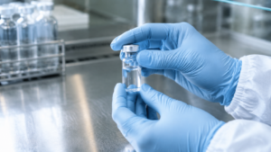 Des mains gantées tiennent un petit flacon de liquide incolore au-dessus d'une paillasse en inox, dans une salle blanche d'hôpital.