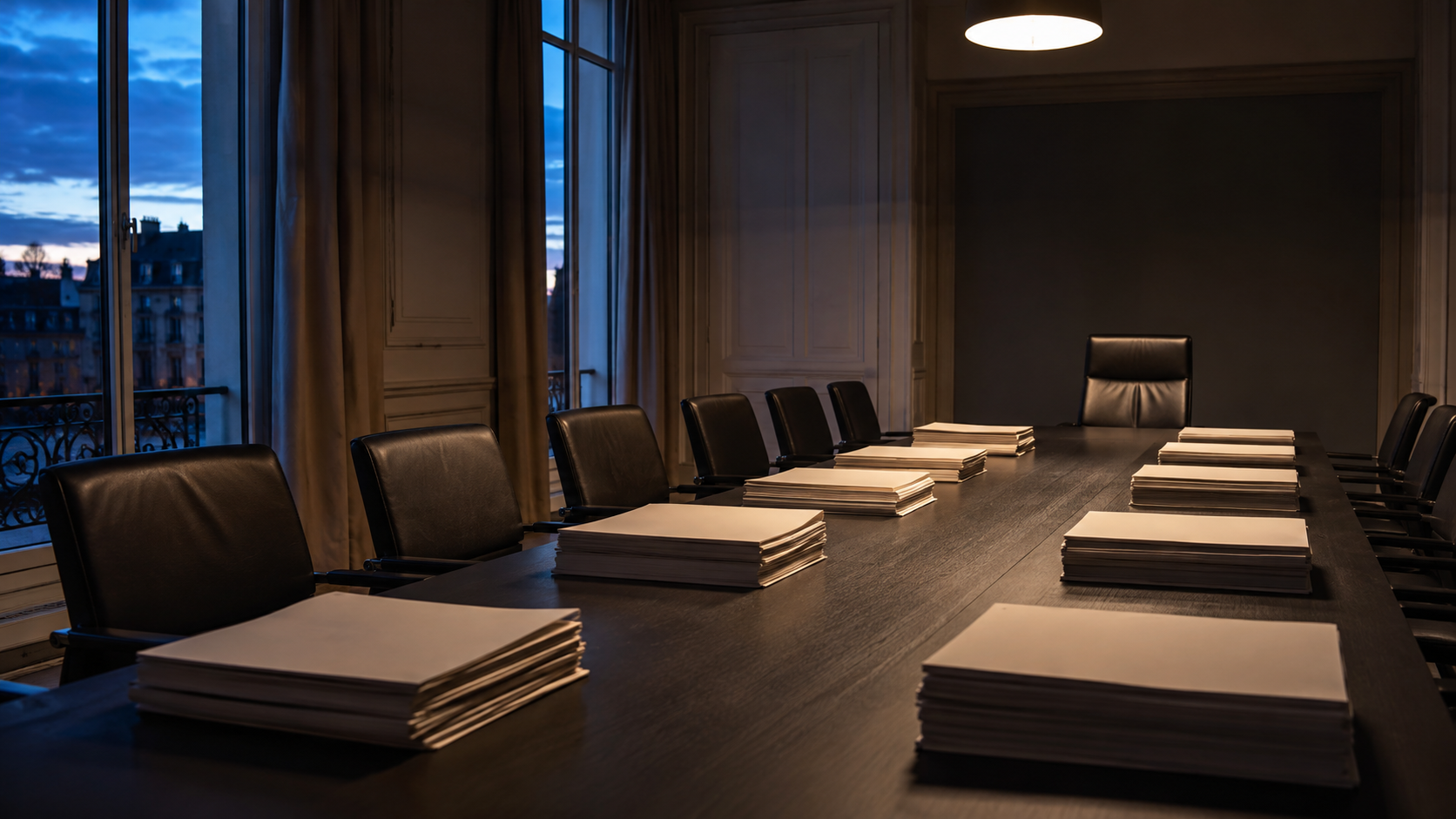 Une salle de réunion institutionnelle vide au crépuscule, avec des dossiers papier empilés sur une longue table.