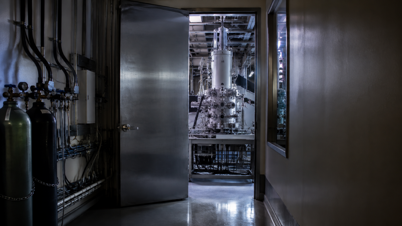 Couloir de laboratoire en fin de journée, porte métallique entrouverte laissant voir un grand instrument scientifique éclairé, câbles et bouteilles de gaz le long du mur, aucune personne visible