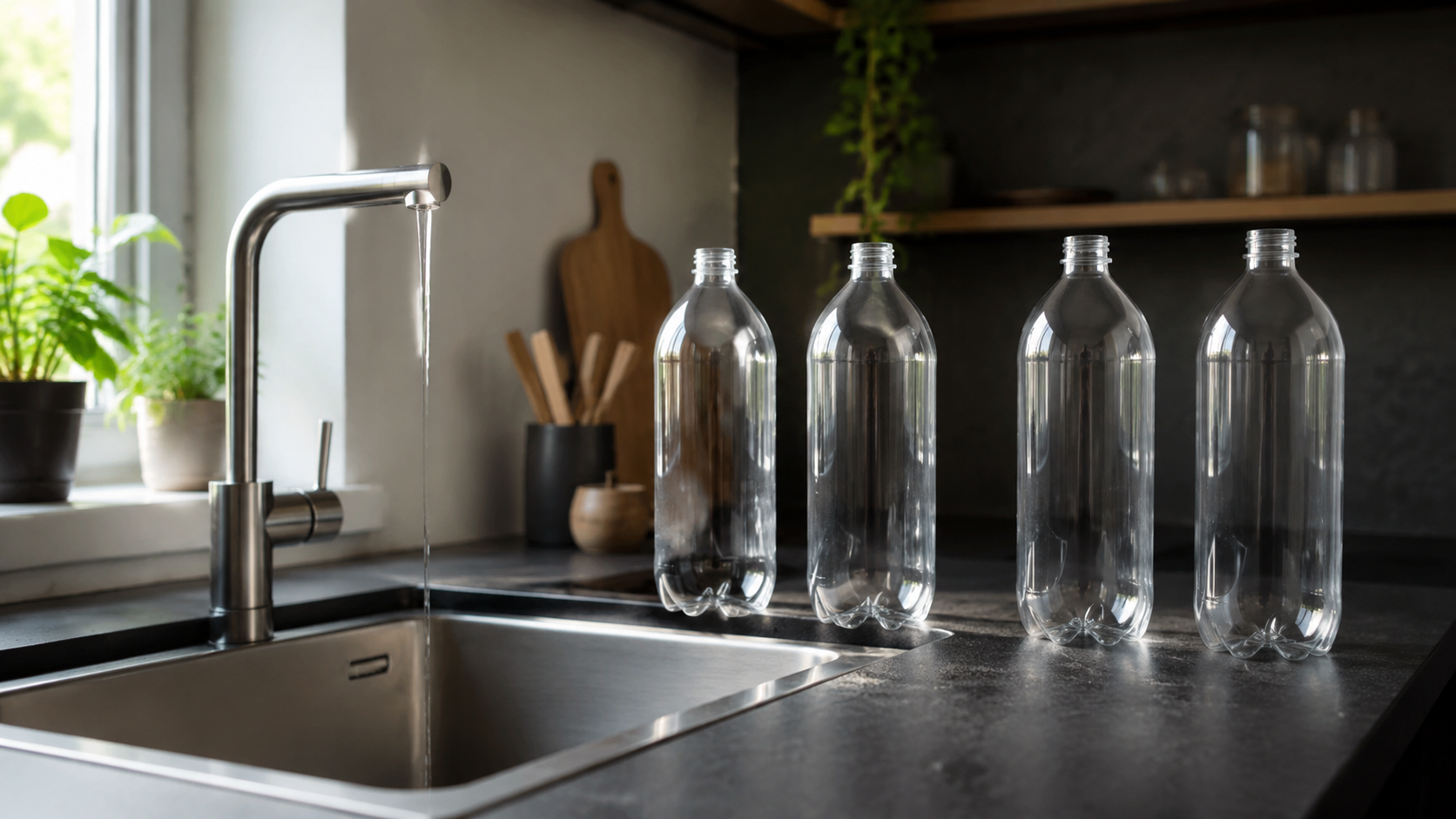 Un plan de travail de cuisine avec un robinet ouvert au filet et quatre grandes bouteilles d’eau alignées près de l’évier.