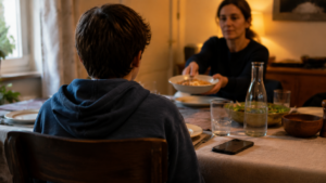 Un adolescent de dos à la table du dîner, téléphone posé face contre nappe, tandis qu’un adulte fait passer un plat.