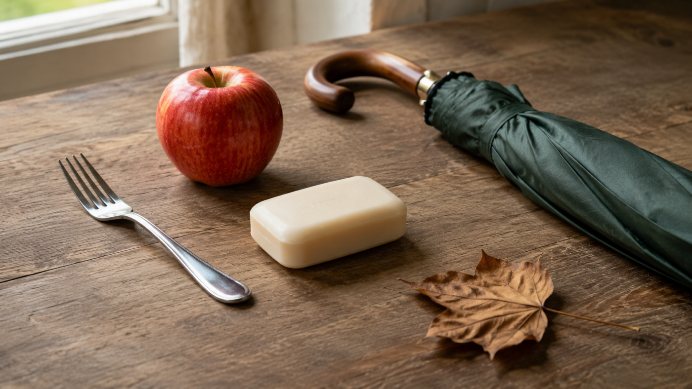 Nature morte sur une table de cuisine en bois : une pomme, une fourchette en métal, un savon, un parapluie plié et une feuille séchée, dans une lumière douce du matin.