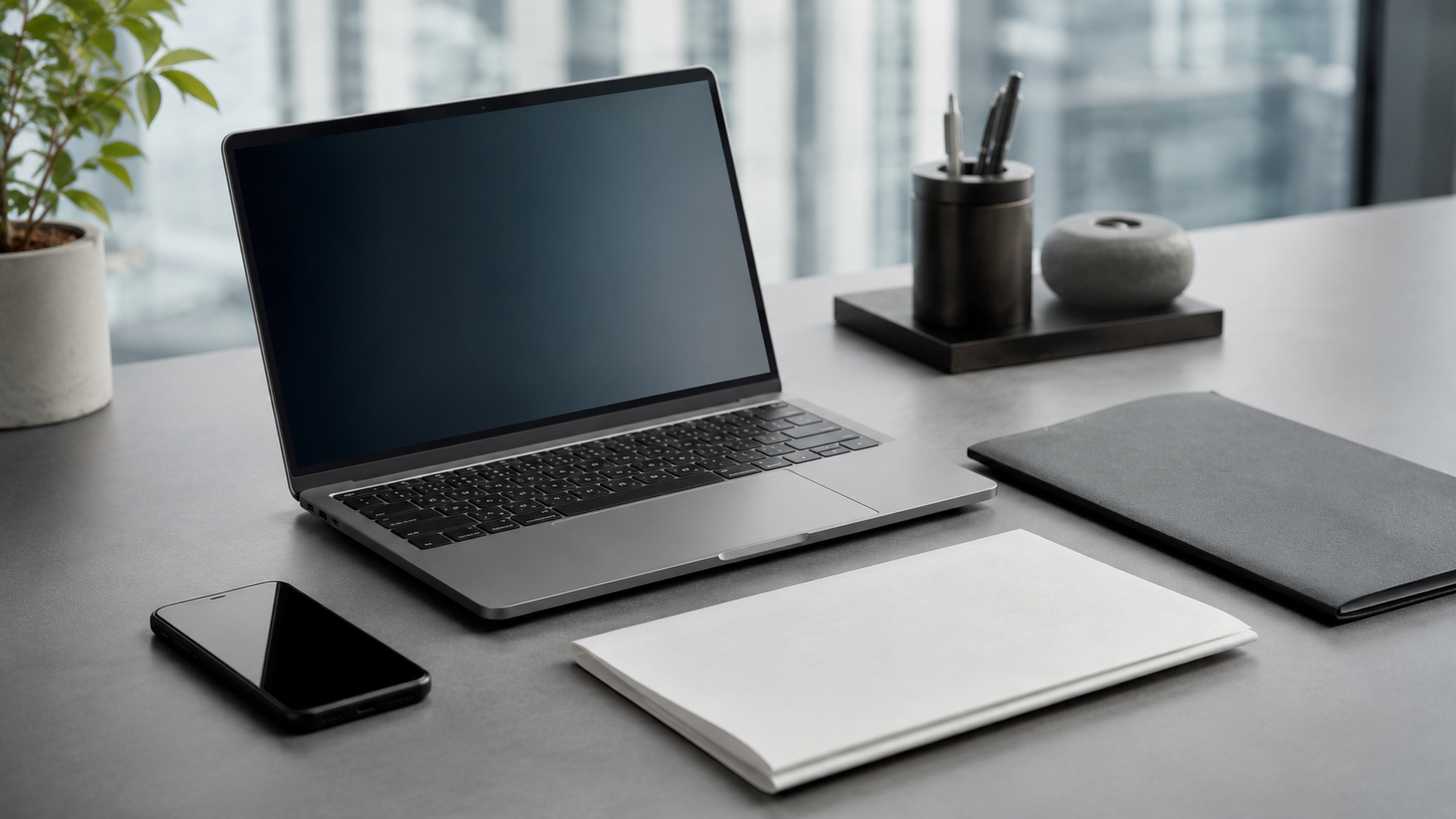 Bureau moderne dans une lumière froide : un ordinateur portable ouvert, un smartphone, un contrat papier plié et une chemise de documents sur un plan gris.