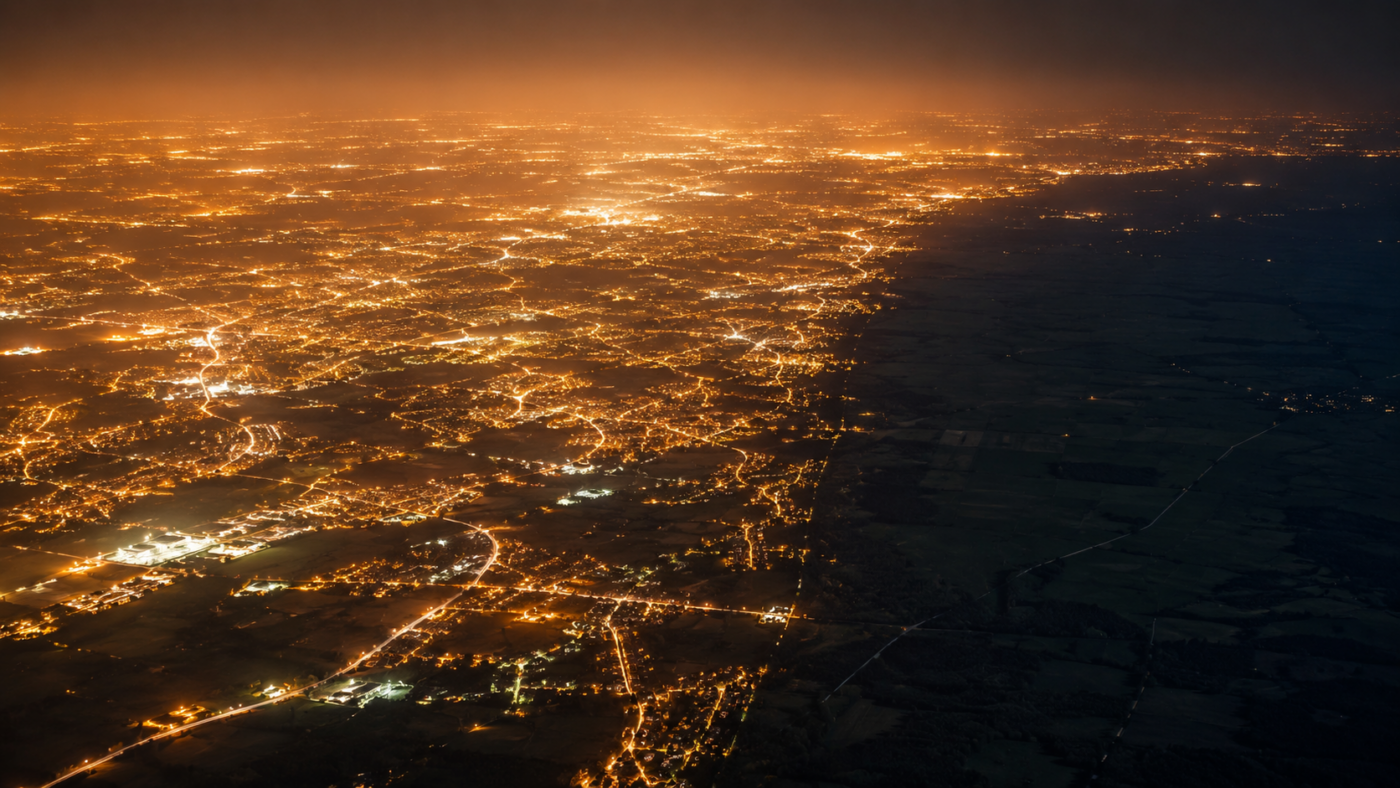 Vue aérienne nocturne d’une plaine européenne couverte d’éclairages orangés continus, avec une mince bande de campagne sombre au bord du cadre.