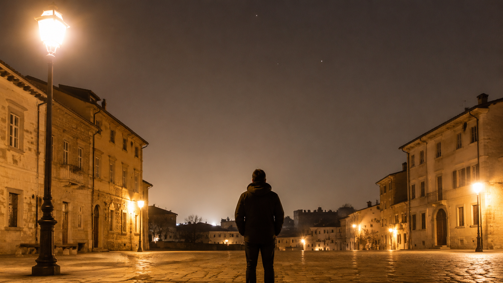 Une place de petite ville européenne éclairée par des lampadaires, une personne de dos regarde un ciel presque vide d’étoiles.