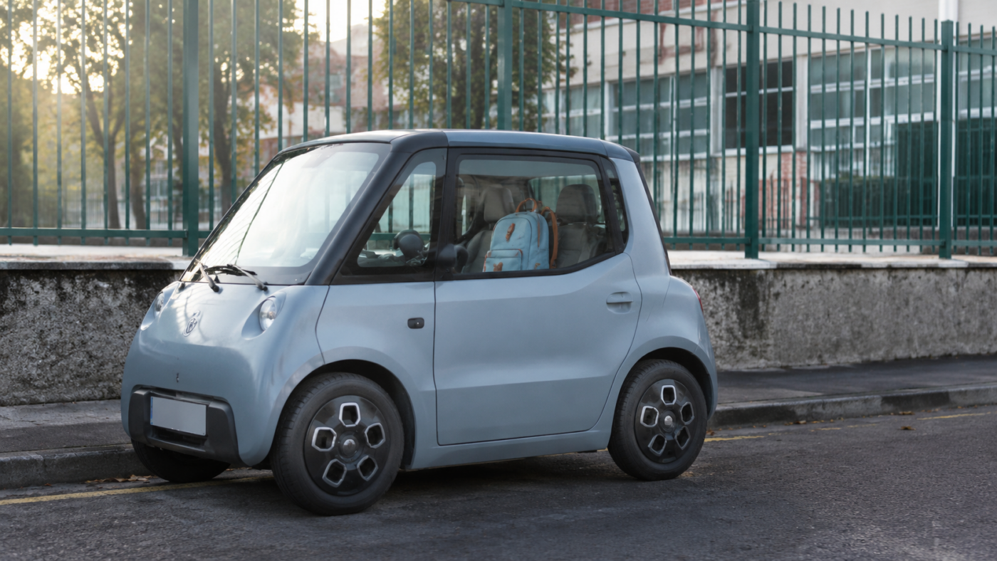 Petite voiture sans permis garée le long d'un trottoir devant une grille d'établissement scolaire, sac à dos posé sur le siège passager, aucune personne visible.