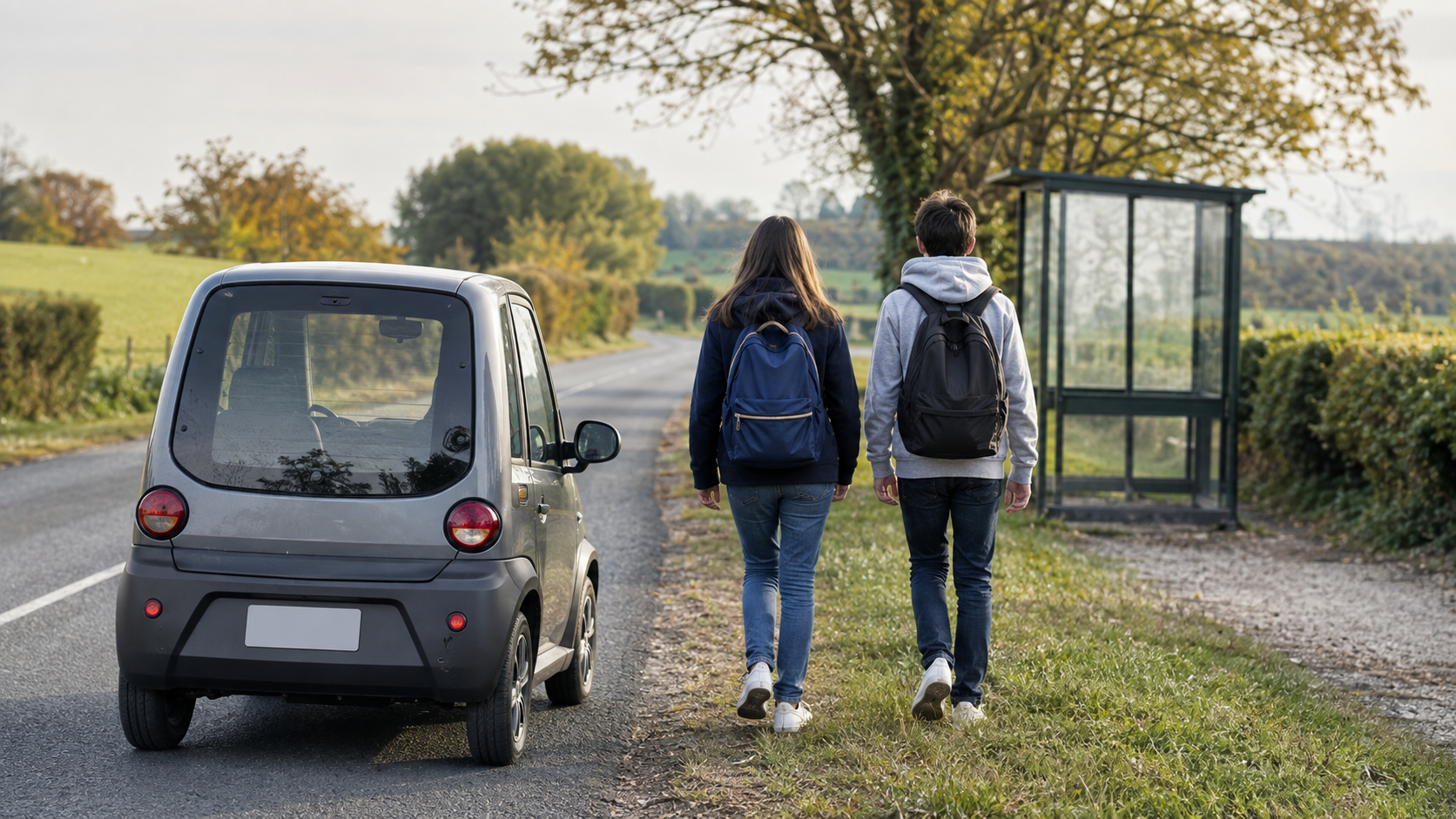 Deux adolescents vus de dos, visages hors champ, s'éloignant d'une petite voiture sans permis garée au bord d'une route de campagne près d'un arrêt de bus.