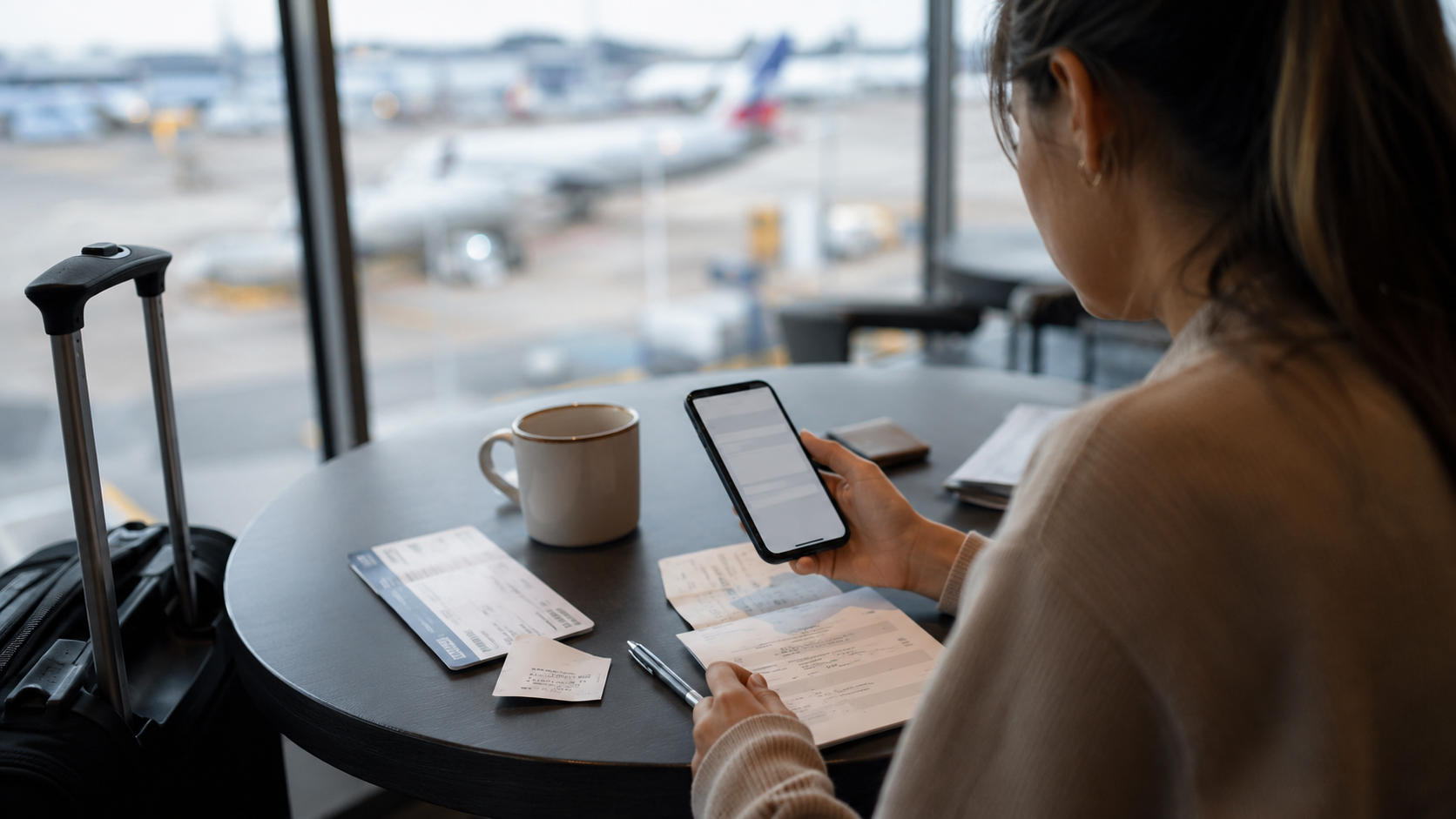 Mains d'un passager remplissant une réclamation sur un smartphone, carte d'embarquement et reçus posés sur une table.