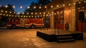 Cour de caserne de pompiers au crépuscule, guirlandes lumineuses, petite scène et camion rouge à l'arrière-plan, sans personne.