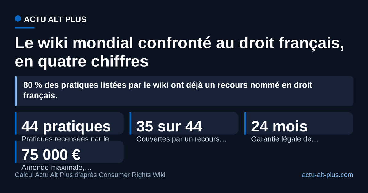Quatre cartes chiffrées : 44 pratiques recensées par le wiki, 35 couvertes par un recours français, 24 mois de garantie légale, 75 000 euros d’amende maximale pour résiliation en ligne non conforme.