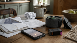 Table de cuisine encombrée d’un courrier de résiliation, d’une petite enceinte démontée, d’une cartouche d’encre et d’un smartphone posé écran allumé