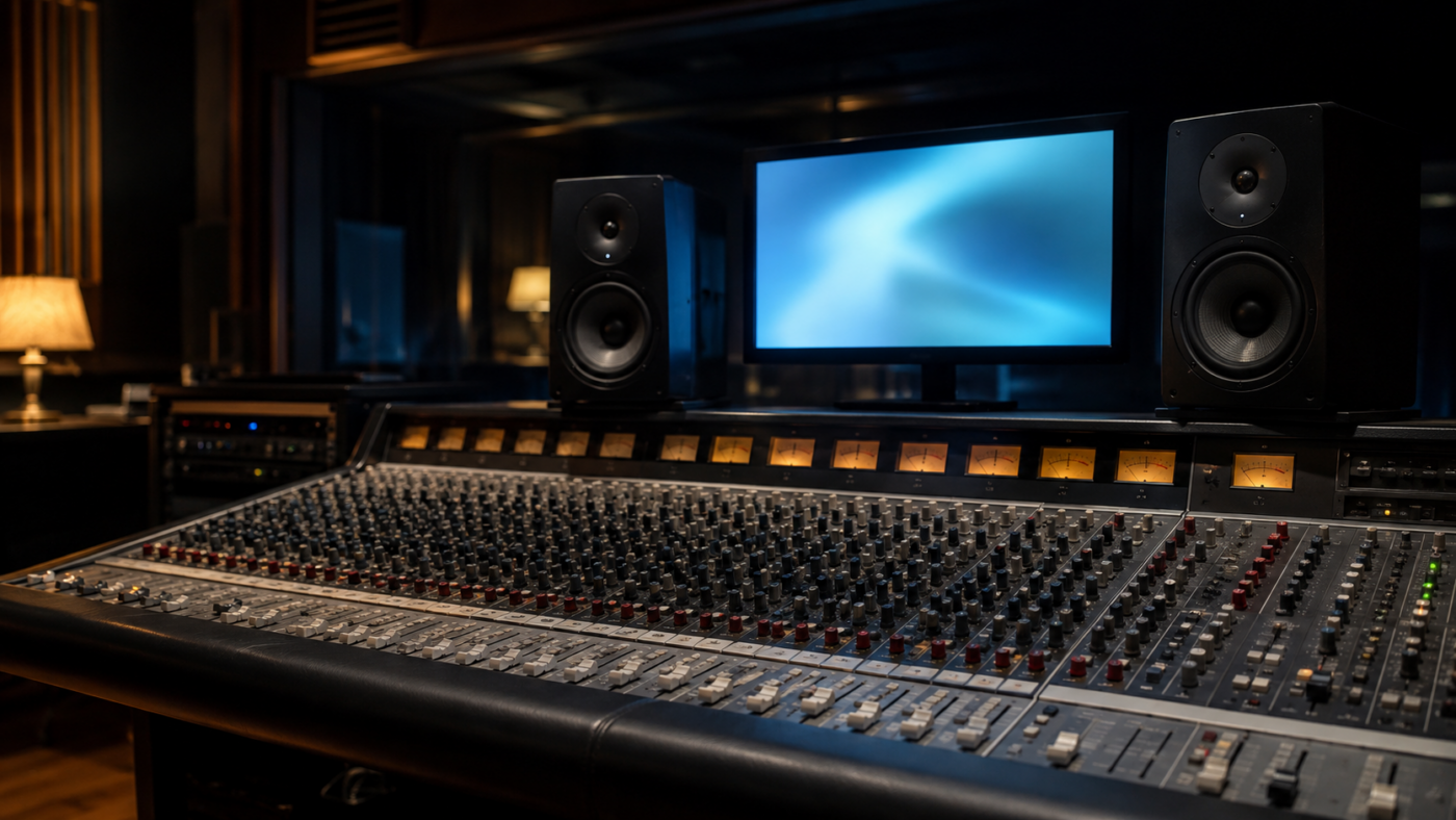 Régie de studio déserte la nuit : une grande console de mixage analogique, des faders alignés et deux enceintes de monitoring éclairées par la lueur d'un écran.