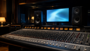 Régie de studio déserte la nuit : une grande console de mixage analogique, des faders alignés et deux enceintes de monitoring éclairées par la lueur d'un écran.