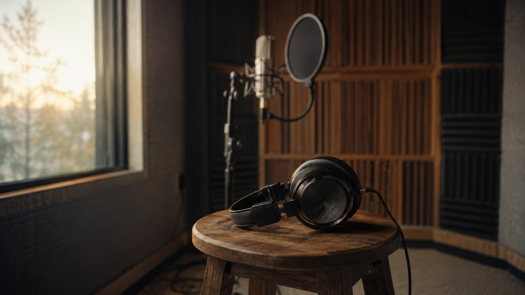 Casque de studio posé sur un tabouret en bois dans une cabine de prise de voix vide au petit matin, micro et filtre anti-pop flous à l'arrière-plan.