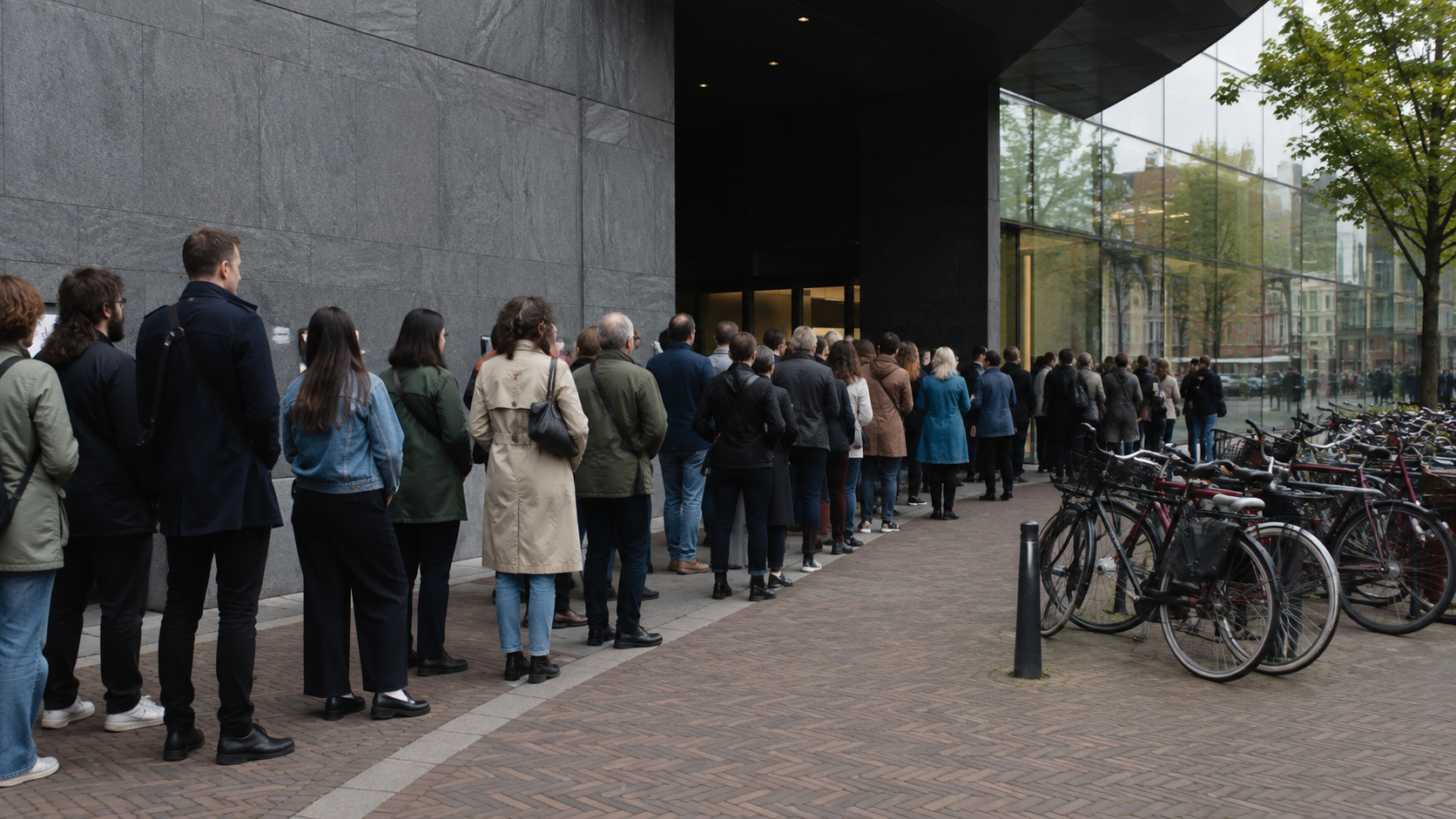 Une file de visiteurs attend devant un musée moderne d’Amsterdam, des vélos garés le long de la façade.