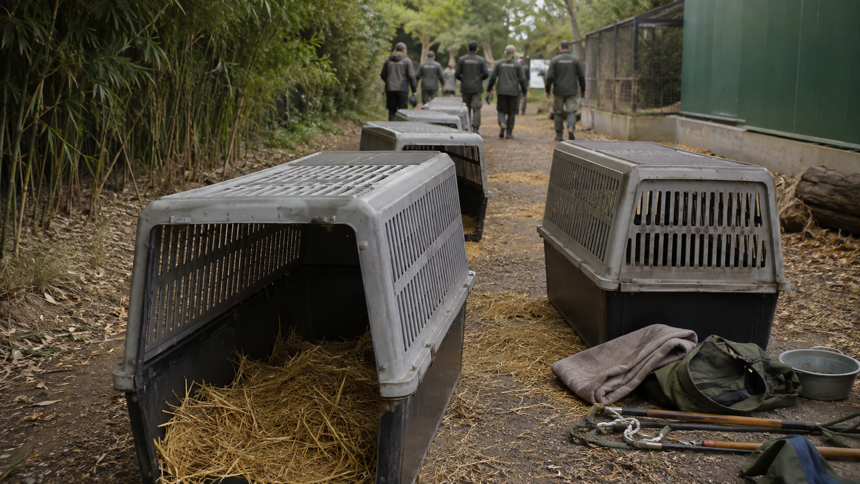 Caisses de transport pour animaux préparées dans l’allée de service d’un zoo, soigneurs de dos au loin