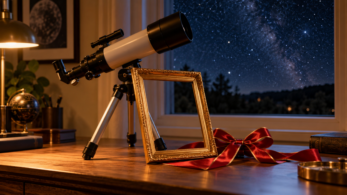 Un cadre doré vide posé contre une petite lunette d’astronomie sur un bureau en bois, ruban cadeau à côté, ciel étoilé derrière la fenêtre.