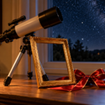 Un cadre doré vide posé contre une petite lunette d’astronomie sur un bureau en bois, ruban cadeau à côté, ciel étoilé derrière la fenêtre.