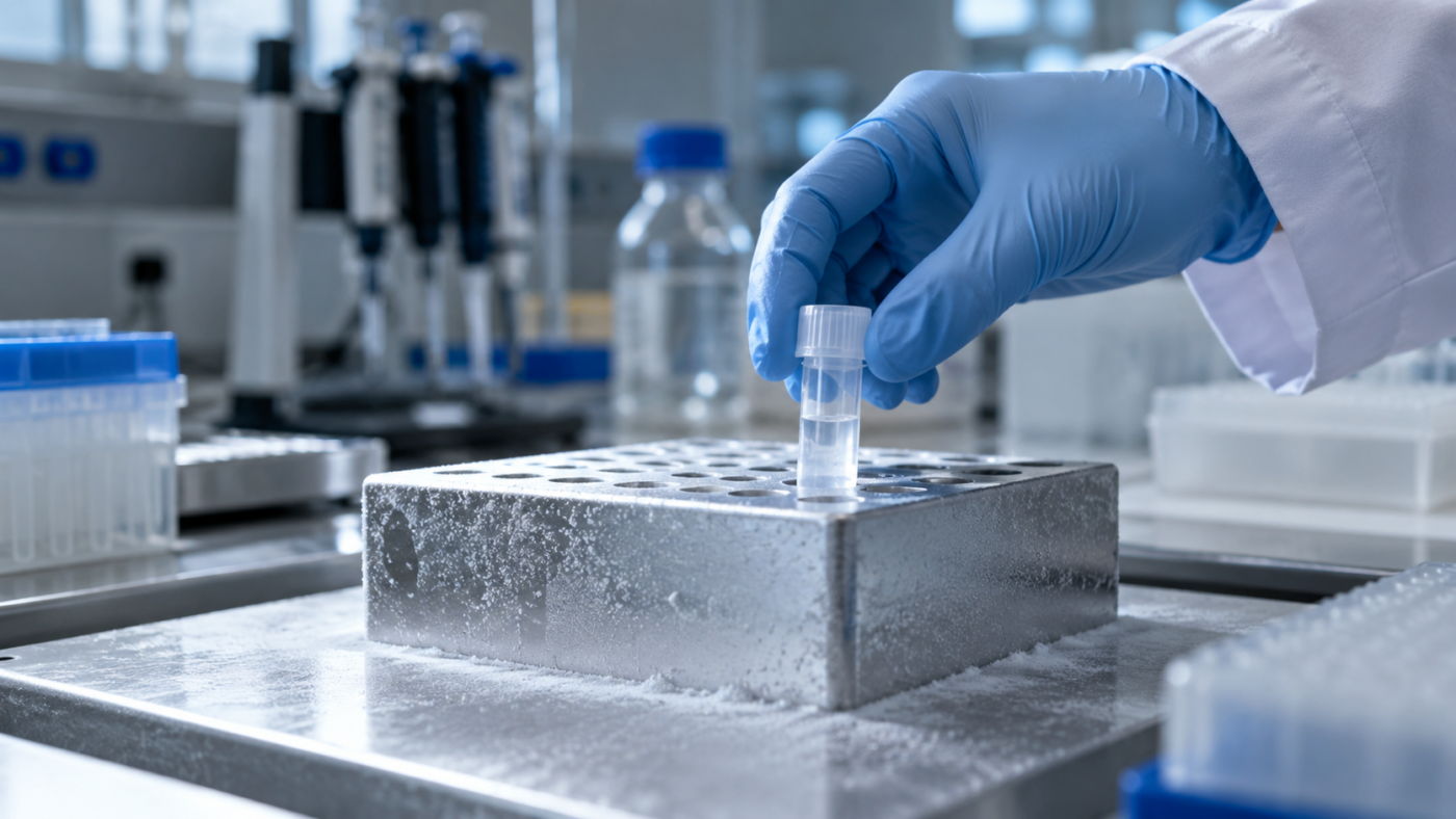 Une main gantée dépose un tube d’échantillon transparent sur un support métallique glacé, dans une salle de laboratoire.