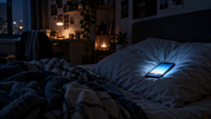 Un téléphone allumé posé sur un oreiller froissé, dans une chambre d’adolescent plongée dans le noir.