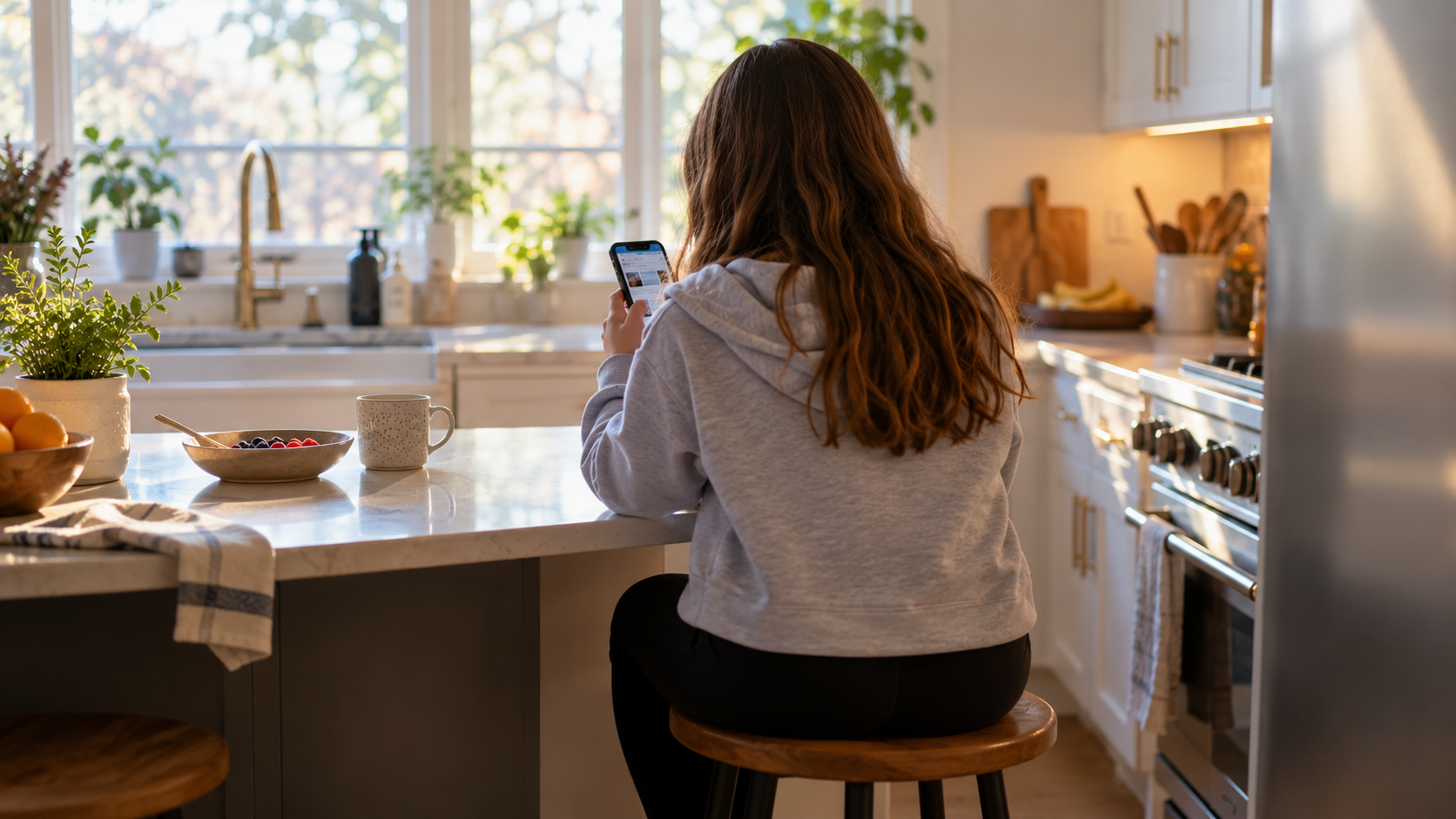 Un adolescent vu de dos fait défiler son téléphone, assis sur un tabouret de cuisine le matin.