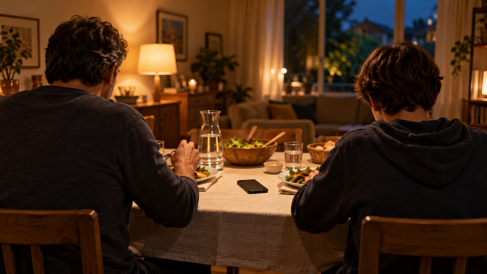 Un adulte et un adolescent vus de dos à table le soir, un téléphone posé face contre la nappe entre deux assiettes.