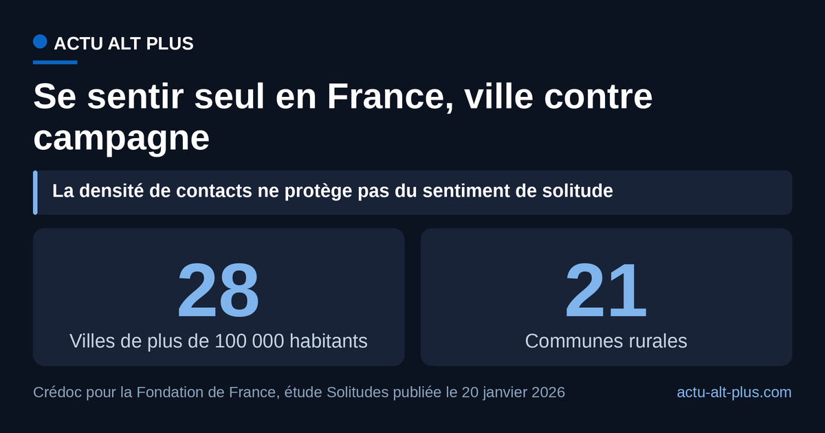 Là où les occasions de croiser quelqu’un sont les plus nombreuses, le sentiment de solitude est le plus répandu : 28 % dans les villes de plus de 100 000 habitants contre 21 % en milieu rural. Enquête Crédoc de juillet 2025 auprès de plus de 3 000 personnes résidant en France, tous âges confondus, et non auprès des seuls adolescents.