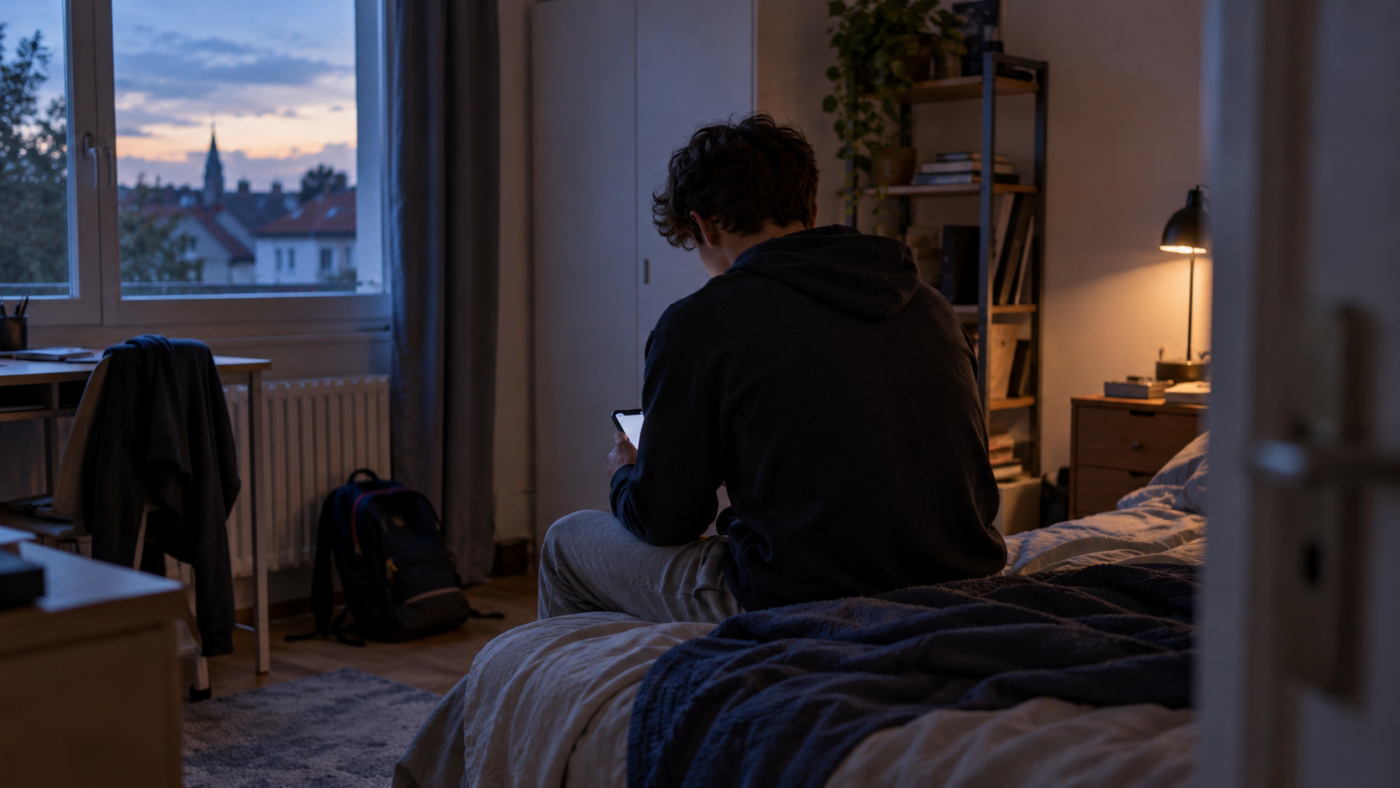 Un adolescent assis de dos au bord d’un lit tient un téléphone allumé, dans une chambre en fin de journée.
