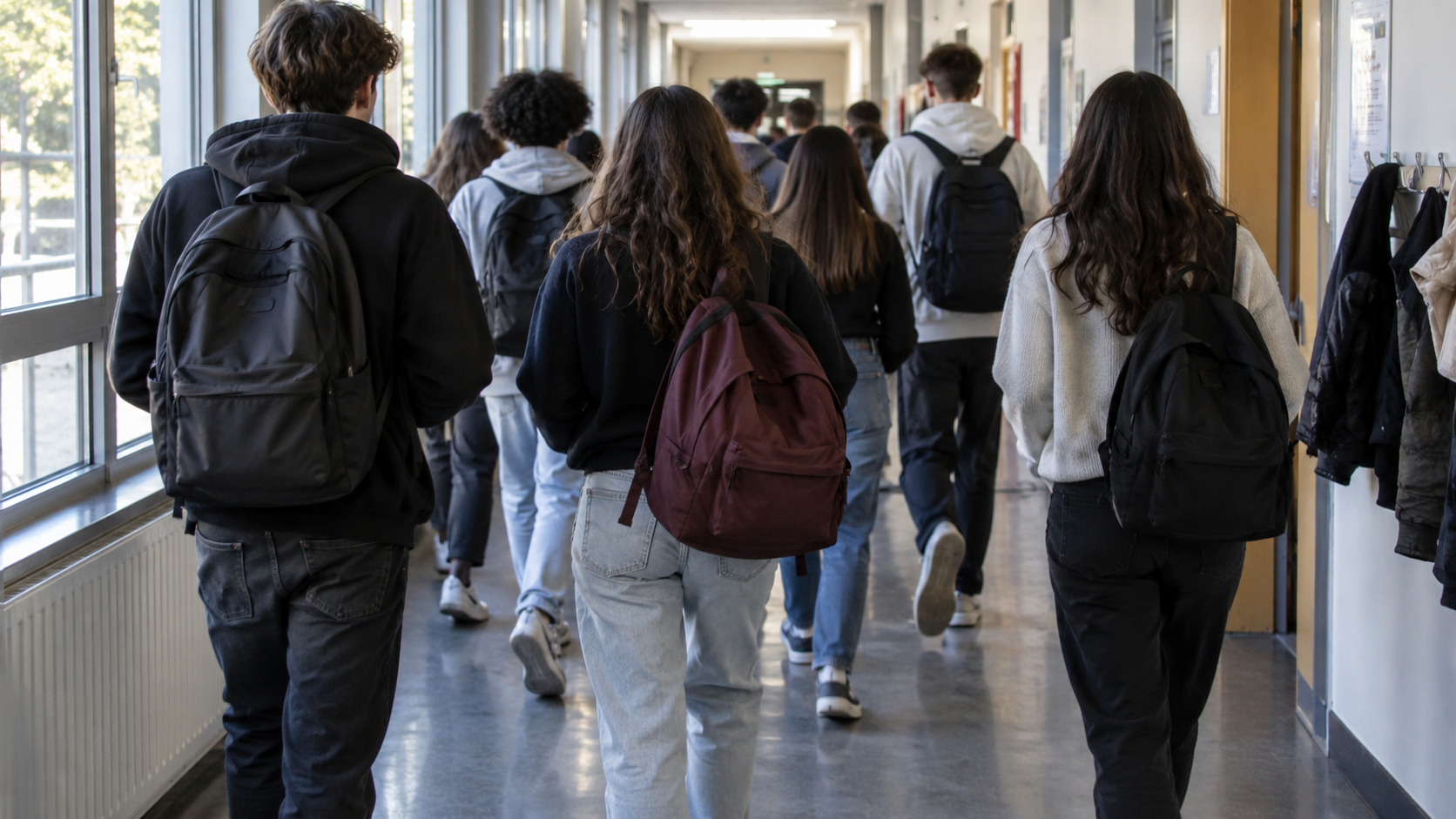 Des adolescents vus de dos traversent un couloir de lycée entre deux cours.