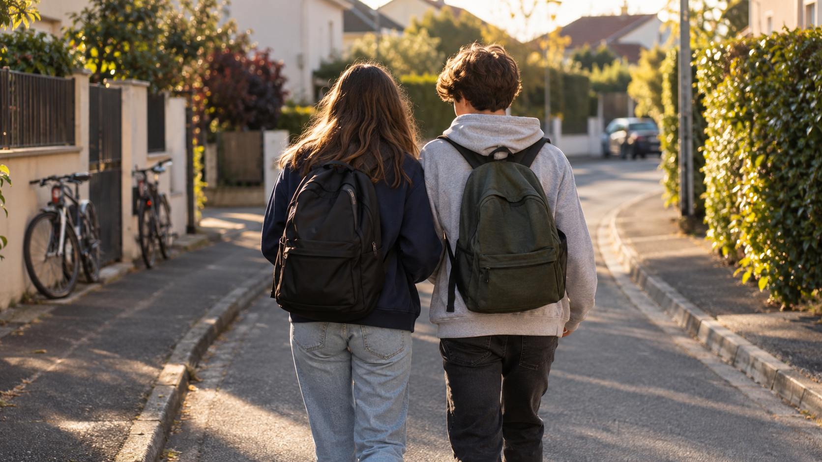Deux adolescents marchent côte à côte dans une rue résidentielle, vus de dos, sac au dos.