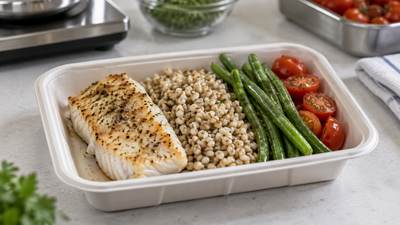 Plateau-repas portionné avec poisson, orge, haricots verts et tomates, posé sur un plan de travail clair