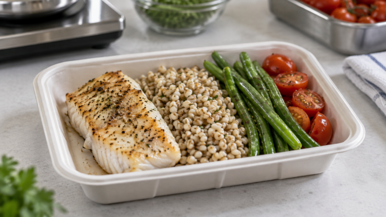 Plateau-repas portionné avec poisson, orge, haricots verts et tomates, posé sur un plan de travail clair