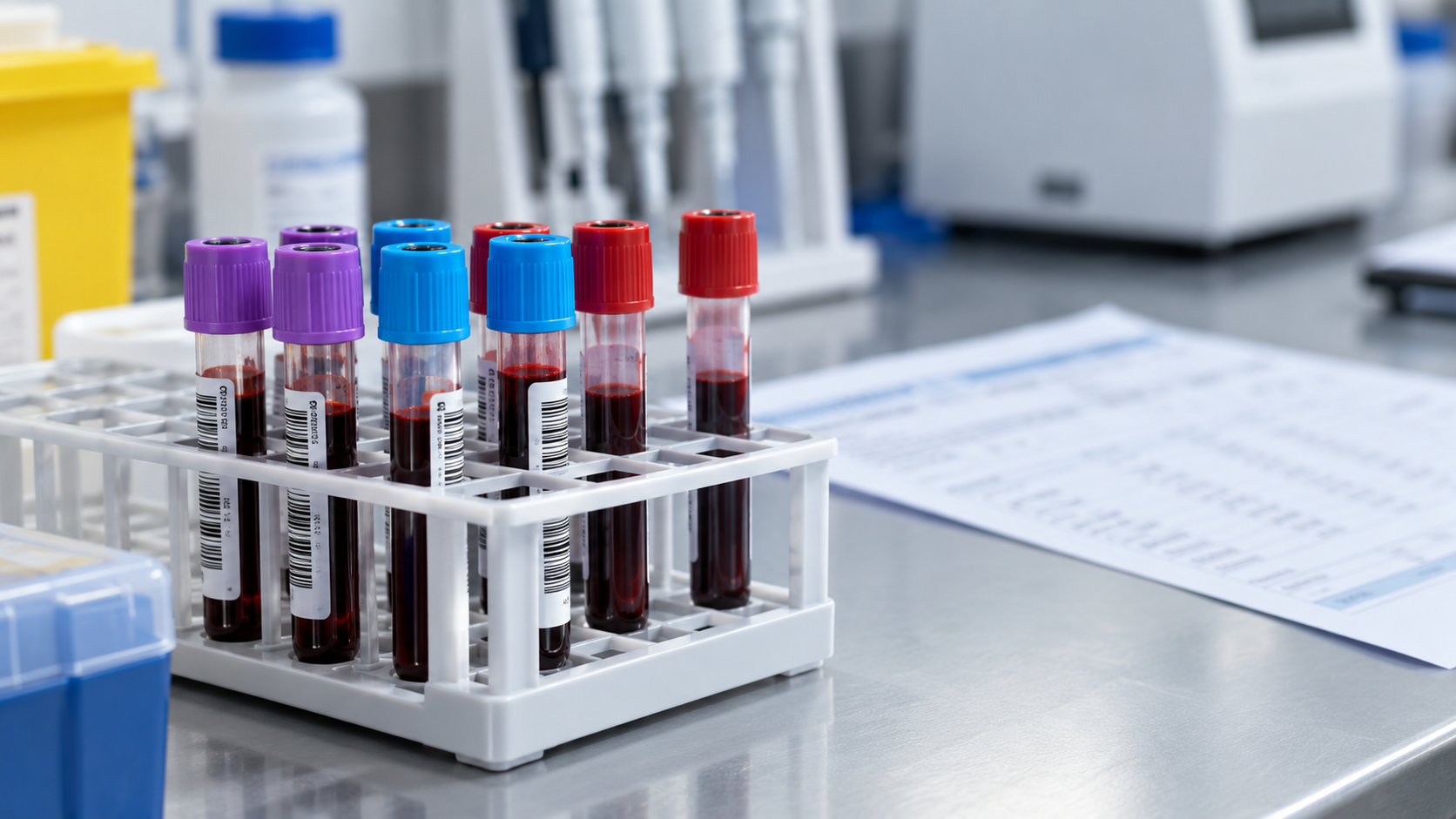 Portoir de tubes de prélèvement sanguin sur une paillasse de laboratoire, feuille de résultats floue en arrière-plan