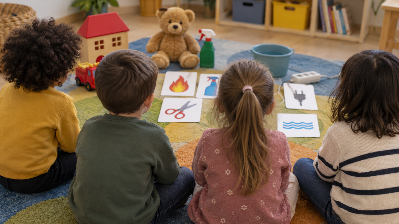 De jeunes enfants vus de dos, assis sur un tapis, entourés de peluches et de cartes à pictogrammes représentant des dangers du quotidien.