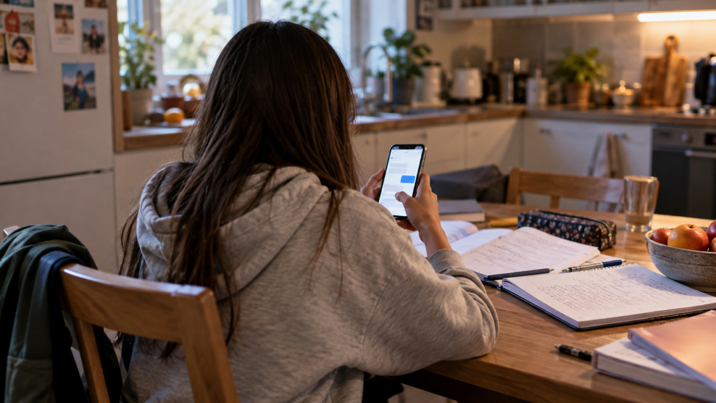 Un adolescent vu de dos consulte un assistant conversationnel sur son téléphone, cahiers ouverts sur la table de la cuisine.