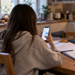Un adolescent vu de dos consulte un assistant conversationnel sur son téléphone, cahiers ouverts sur la table de la cuisine.