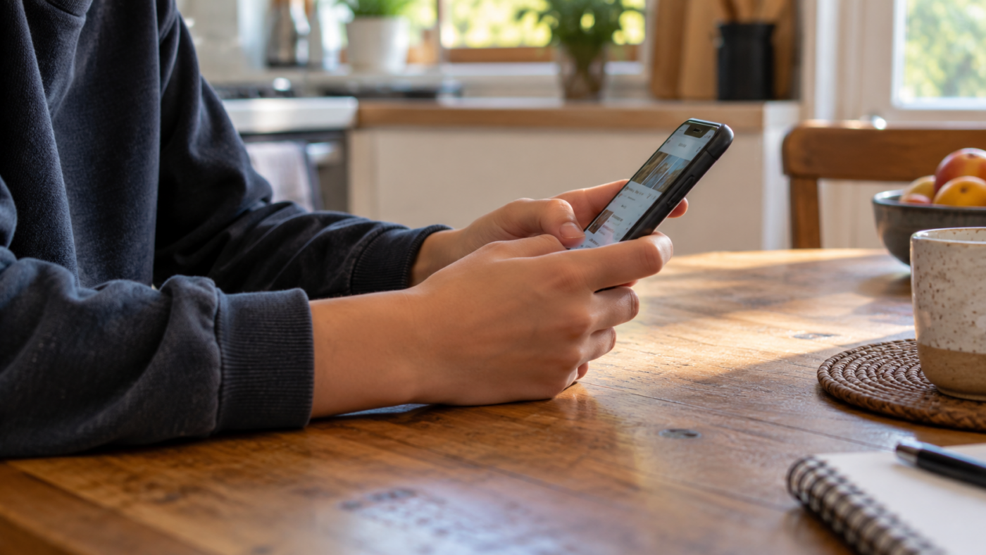 Mains d’un adolescent tenant un smartphone à la table de la cuisine, visage hors cadre, écran allumé.