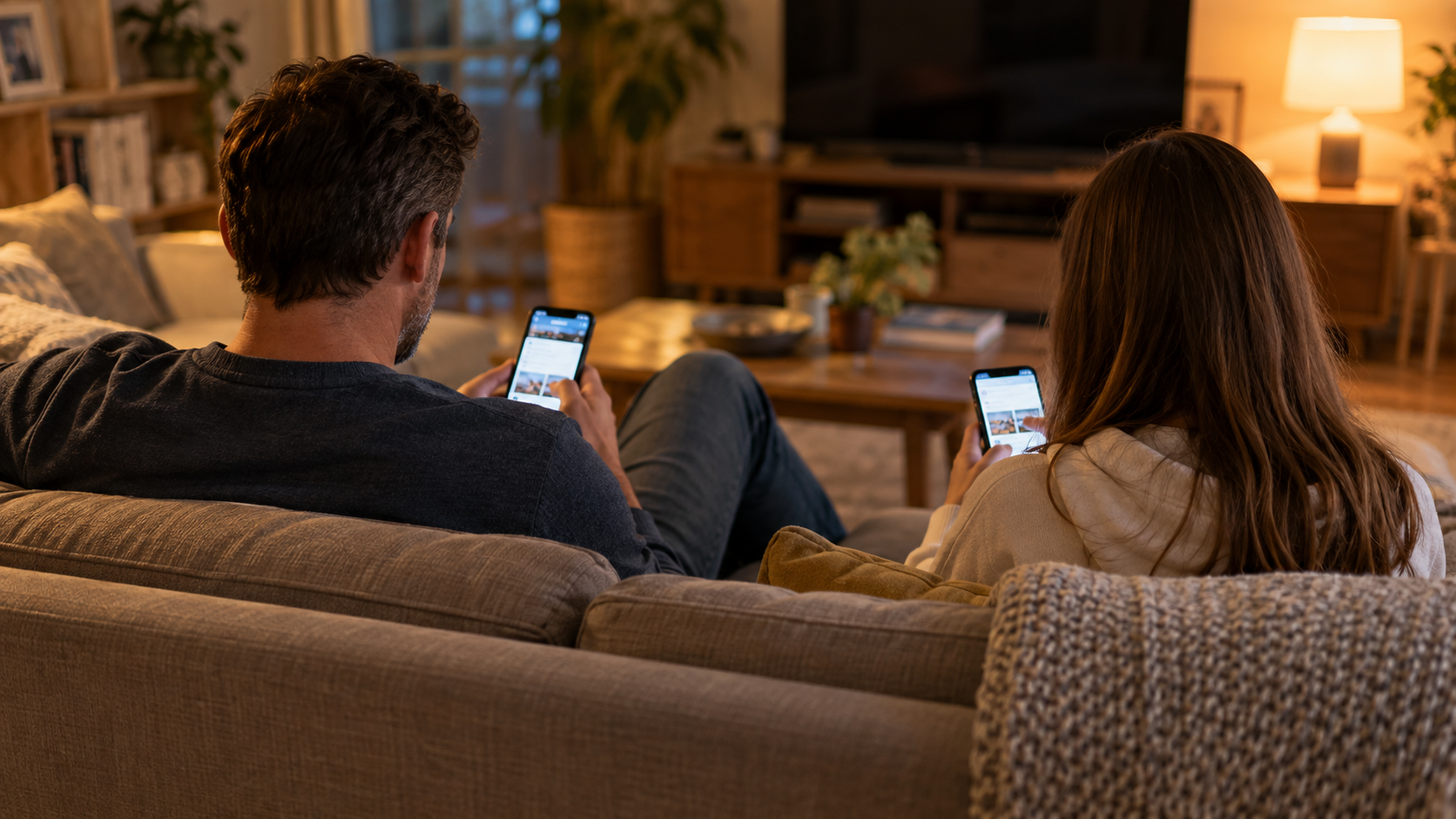 Un adulte et un adolescent vus de dos sur un canapé, chacun son téléphone.
