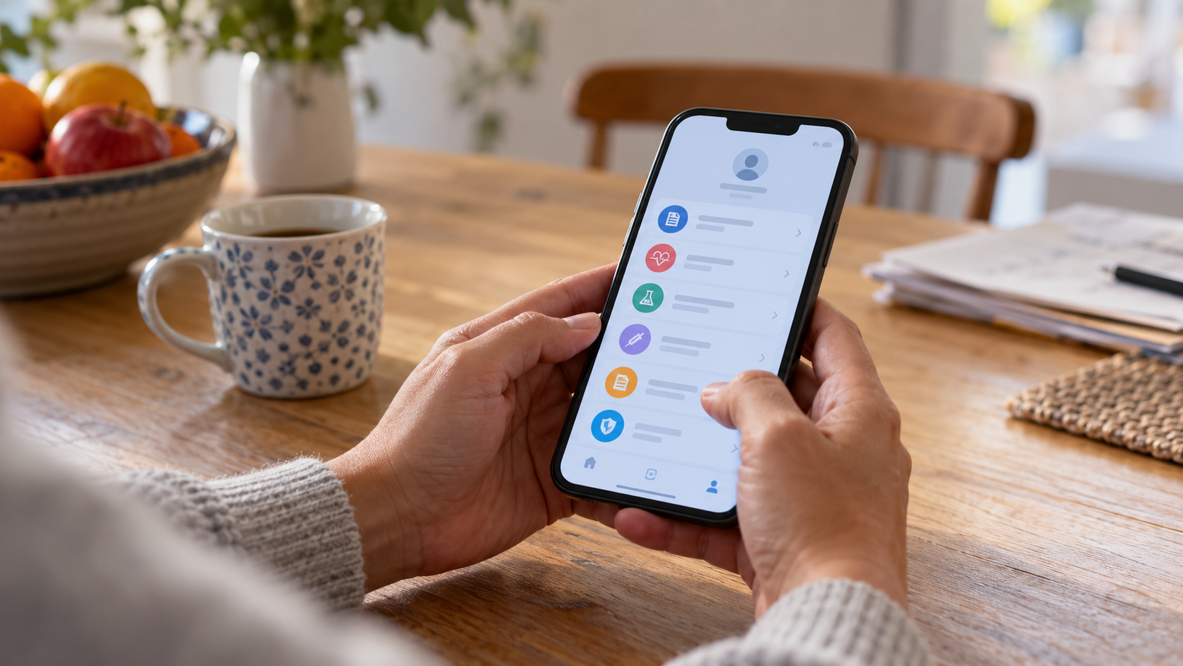 Des mains tiennent un téléphone affichant une liste de documents de santé, sur une table de cuisine.