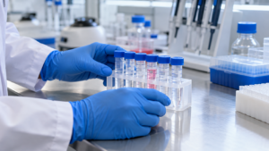 Des mains gantées tiennent un portoir de petits tubes transparents sur une paillasse de laboratoire éclairée au néon blanc.