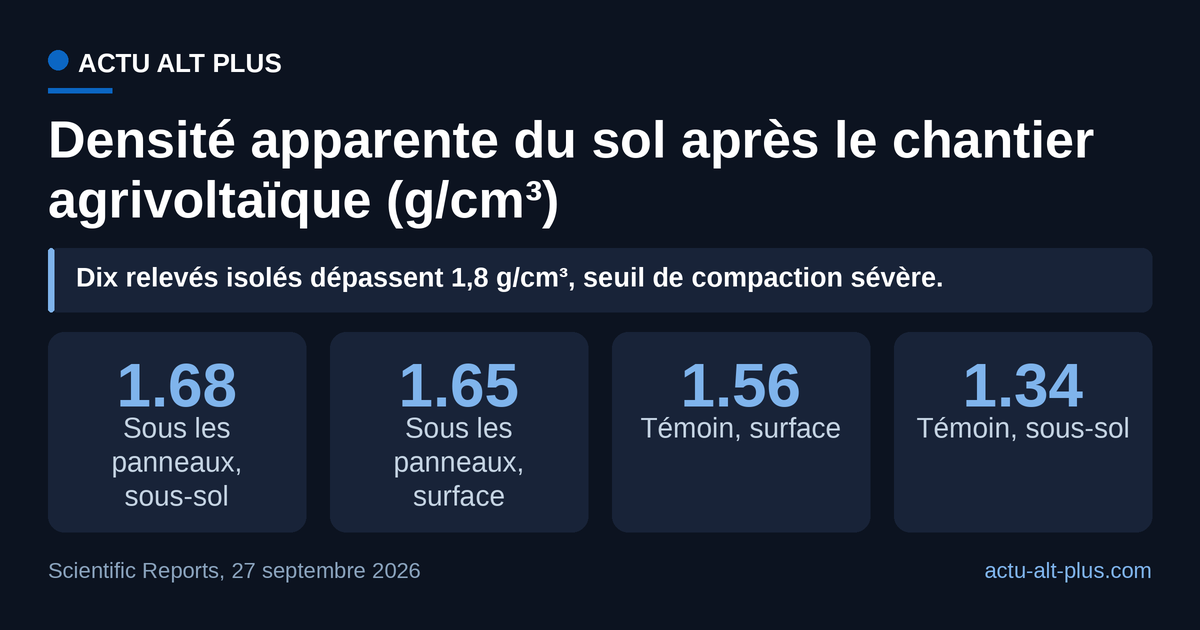 L’écart de densité est près de quatre fois plus large dans le sous-sol qu’en surface : 0,34 contre 0,09 g/cm³. Valeurs hautes de chaque fourchette mesurée, sur un arénosol sableux du Brandebourg.
