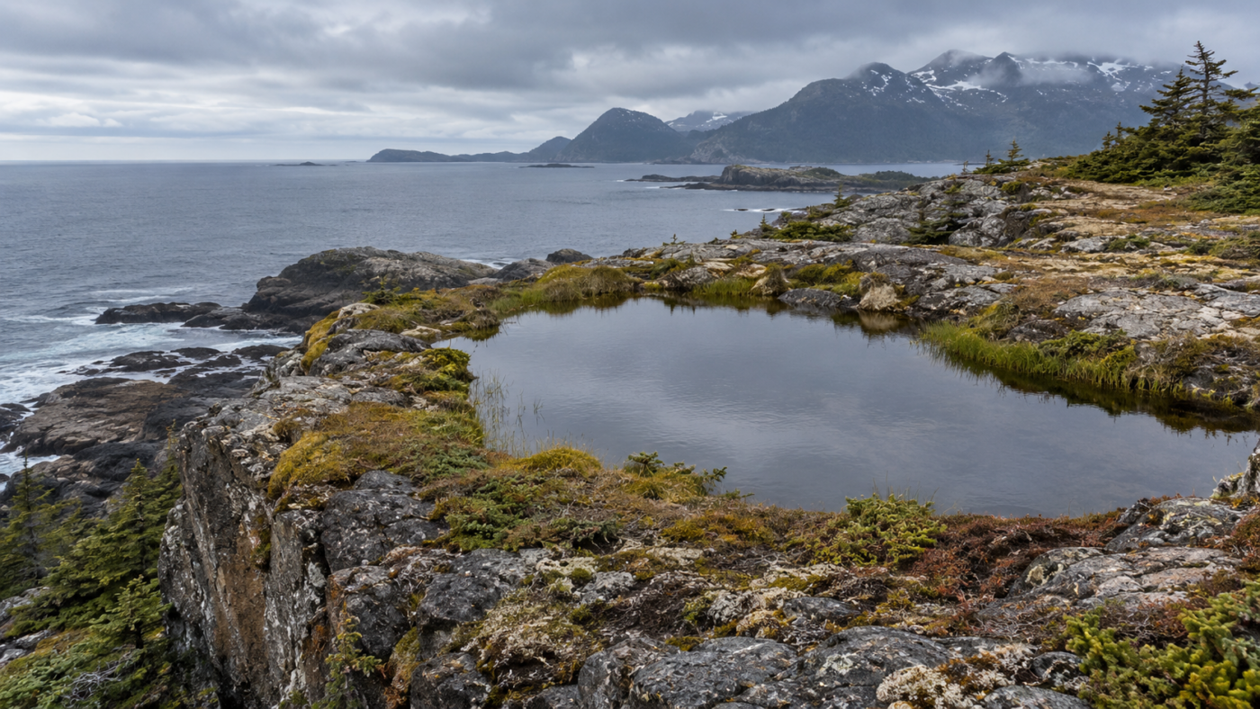 Une mare d’eau douce posée sur une terrasse rocheuse soulevée au-dessus du rivage, sur une côte d’Alaska sous un ciel gris.