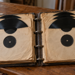 Un coffret relié de disques anciens ouvert sur une table, ses pochettes de papier laissant dépasser les galettes noires.