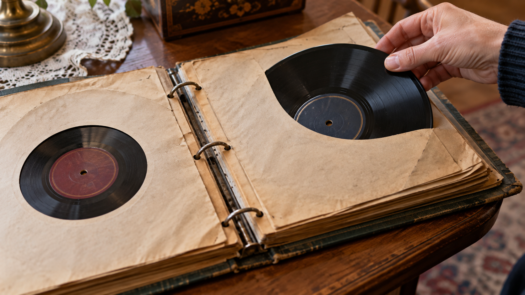 Une main soulève un disque noir hors d’une pochette de papier reliée dans un classeur ouvert.