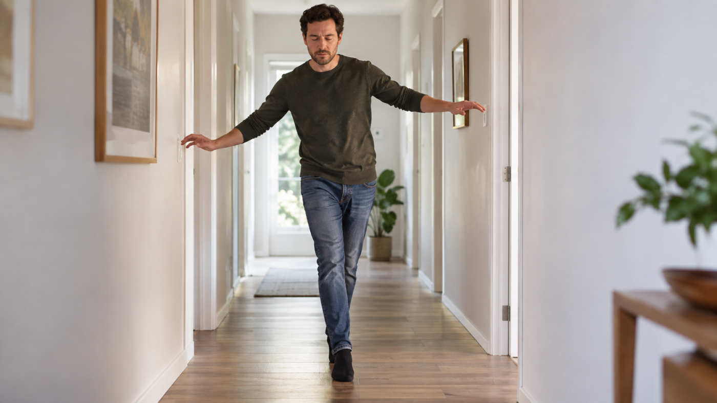 Un adulte debout talon contre pointe dans un couloir clair, yeux fermés, bras légèrement écartés pour tenir l'équilibre.