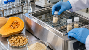 Des mains gantées déposent un flacon de poudre de protéines dans un bain-marie de laboratoire, près d’une courge coupée et d’une coupelle de cacahuètes décortiquées.